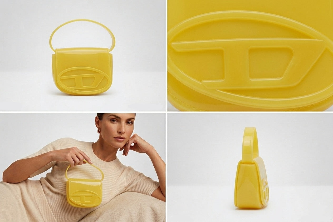 Collage of a yellow handbag with close-up details and a model wearing it.